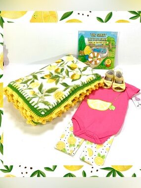 Lemon Baby Girl Crochet Baby Blanket Gift Set - 3 Piece